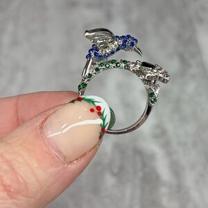 Rhinestone Hummingbird Flower Ring Silver Tone Figural Jewelry 7